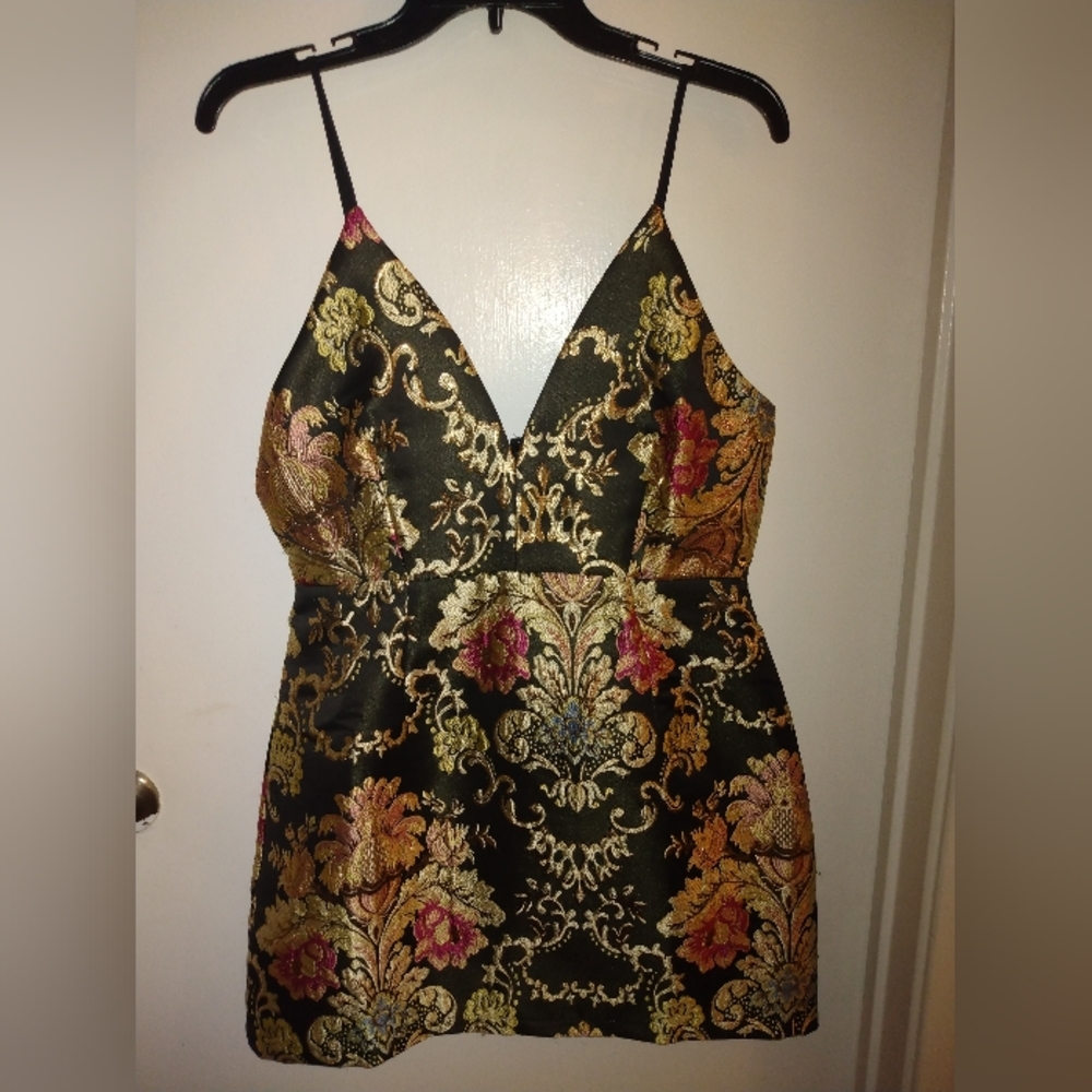Fashion Nova Black and Gold Brocade Mini Dress